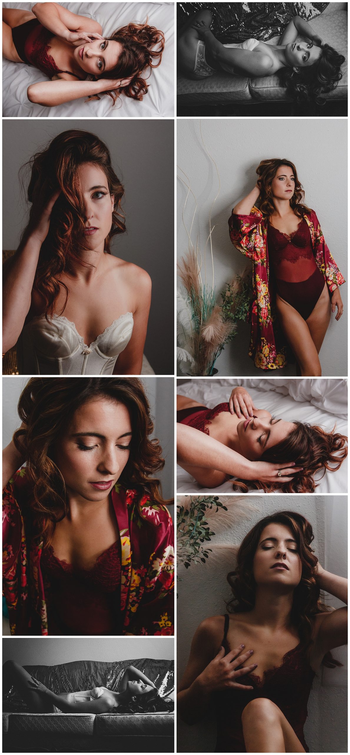 Collage of boudoir photos of woman wearing a white corset, and also a burgundy bodysuit with a robe.