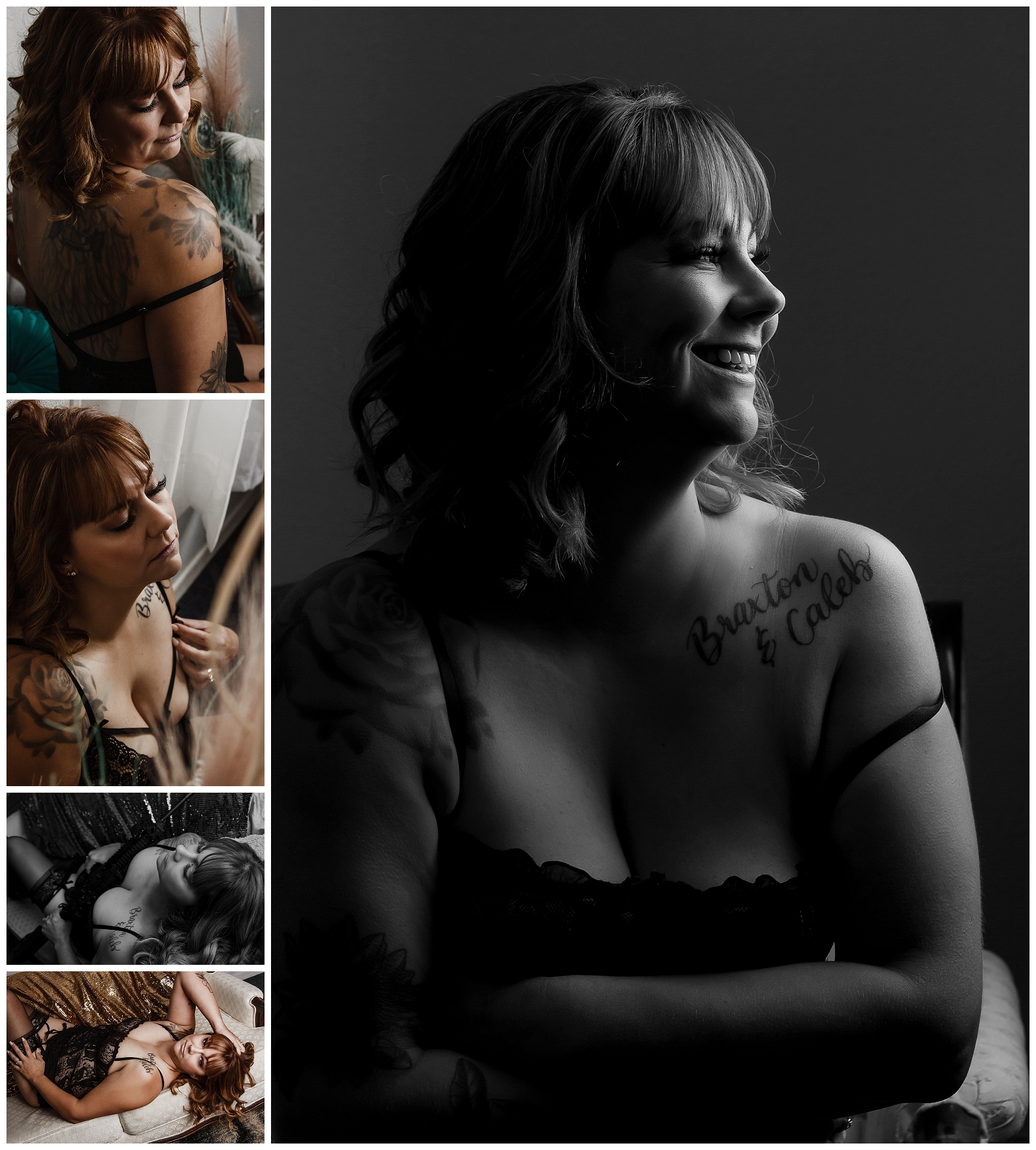 Elegantly posed boudoir shots of a woman wearing black lingerie, offering a mix of black and white and color images in Janesville, WI
