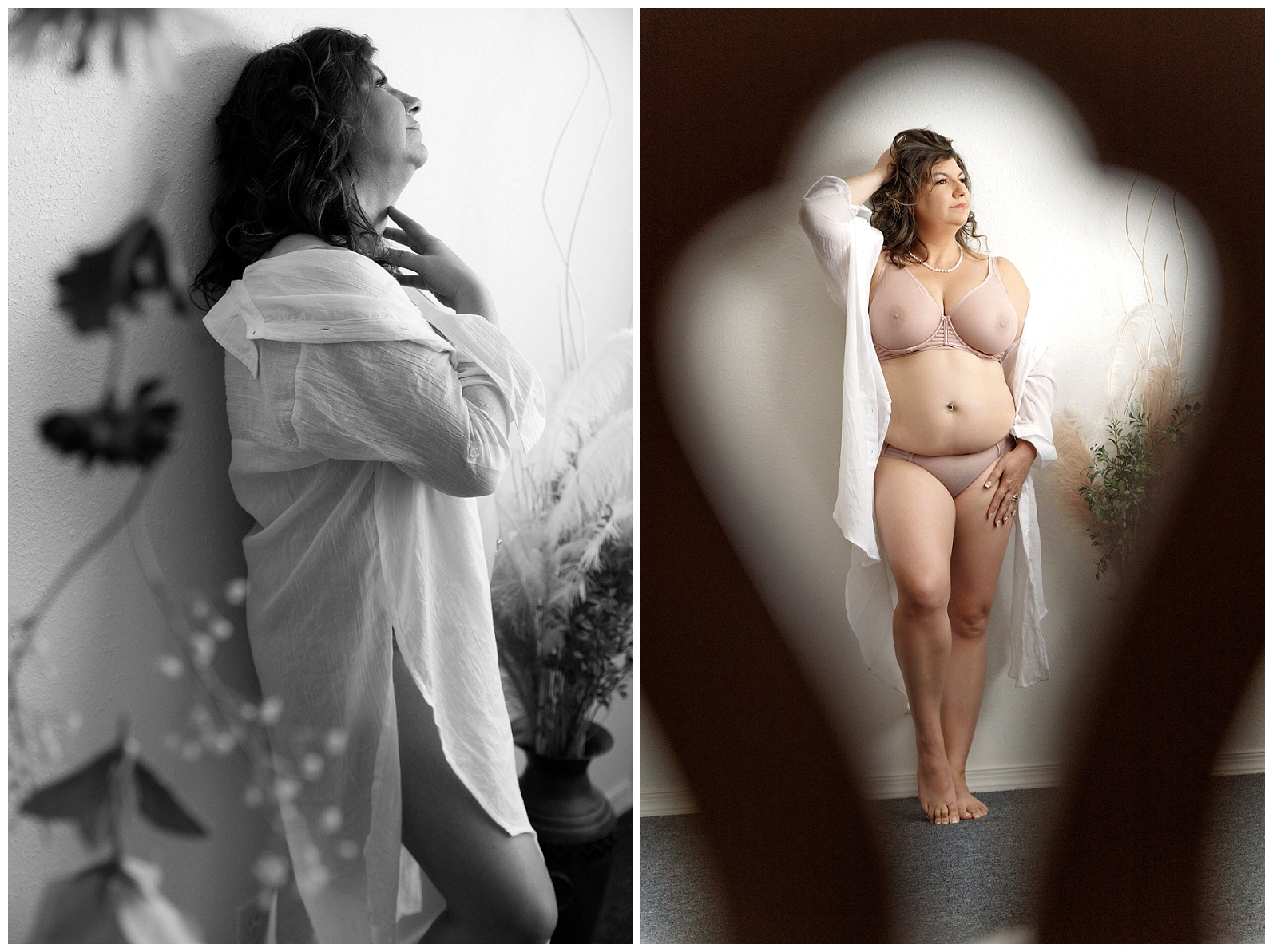 Confident and Empowered: A woman poses for a boudoir photoshoot, wearing a white shirt paired with a see-through bra. Her expression radiates self-assuredness and authenticity, celebrating her unique beauty